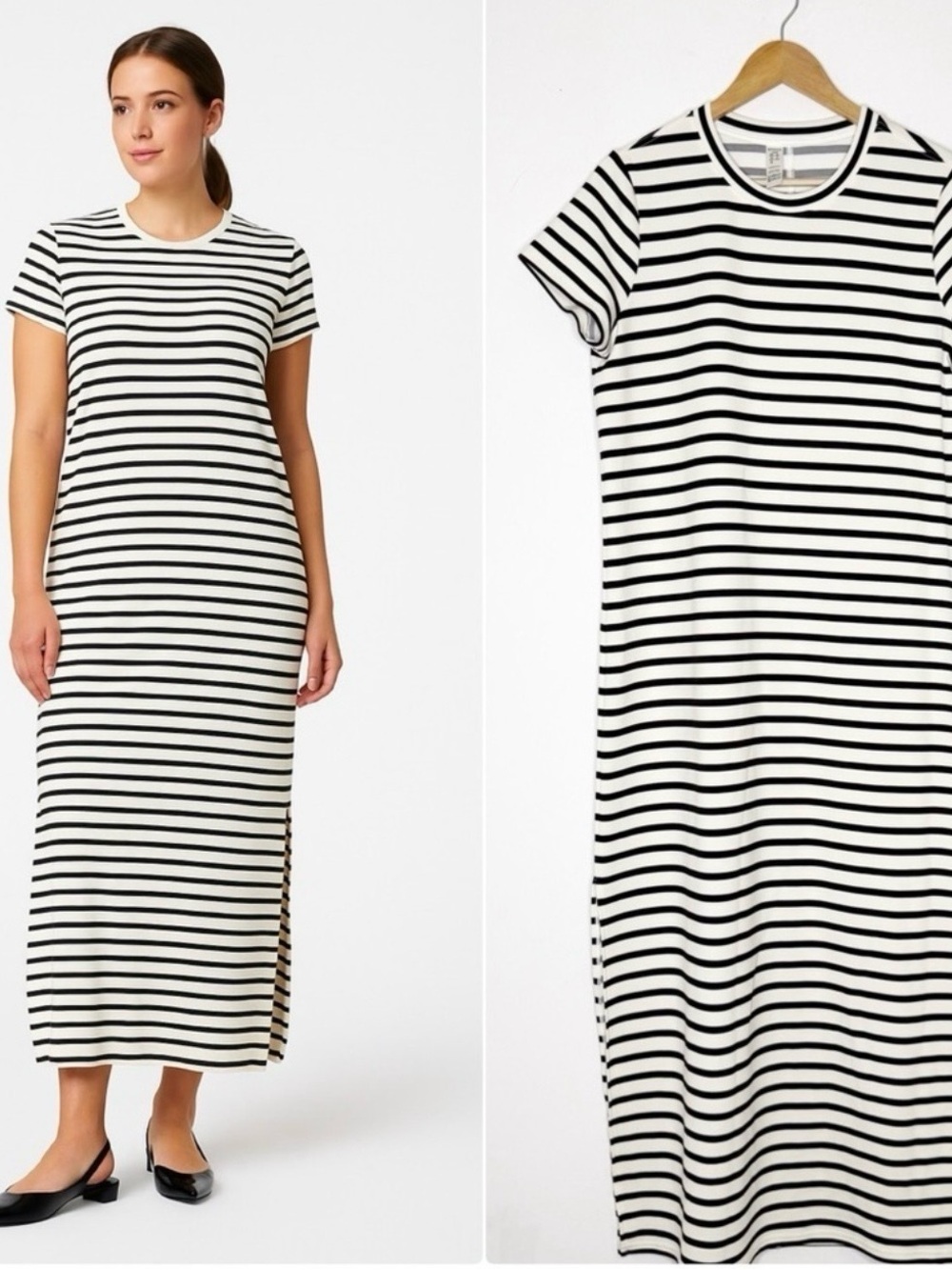 SPANX  Women’s Black and White Striped Short-Sleeve Maxi Dress